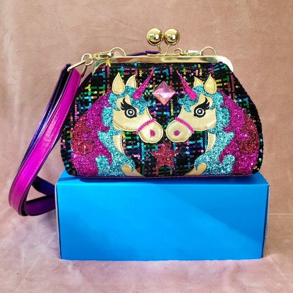 NWT! Irregular Choice Velvet Sequin Metallic Purple Unicorn Purse